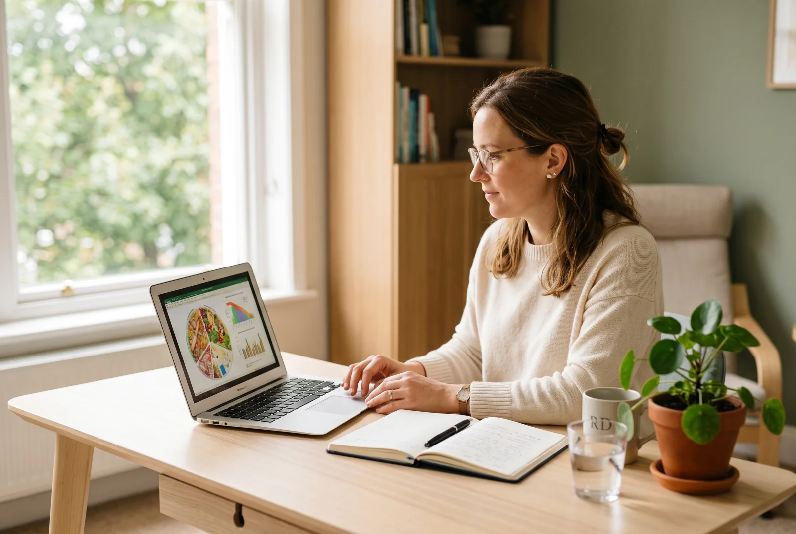 A dietitian reviewing a client's weekly nutrition report on a laptop