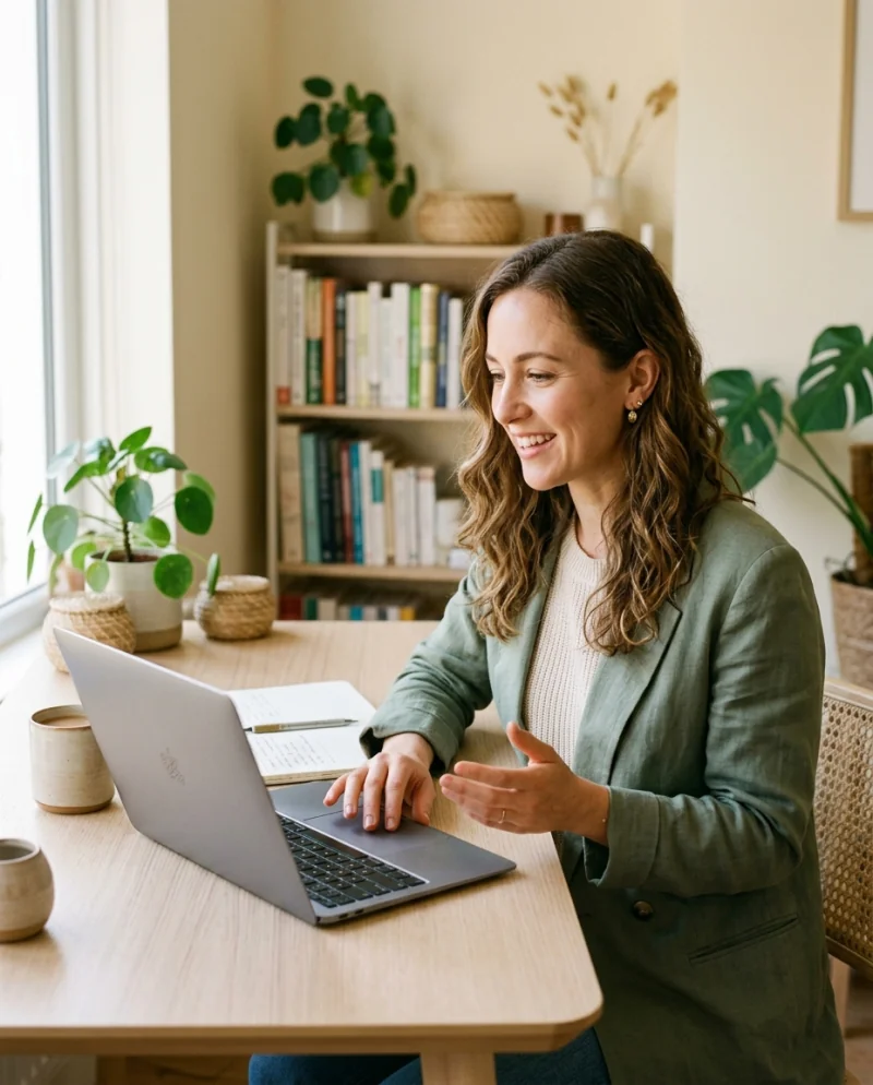 A nutritionist running an online consultation from a home office