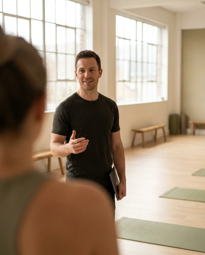 A personal trainer talking with a client in a gym