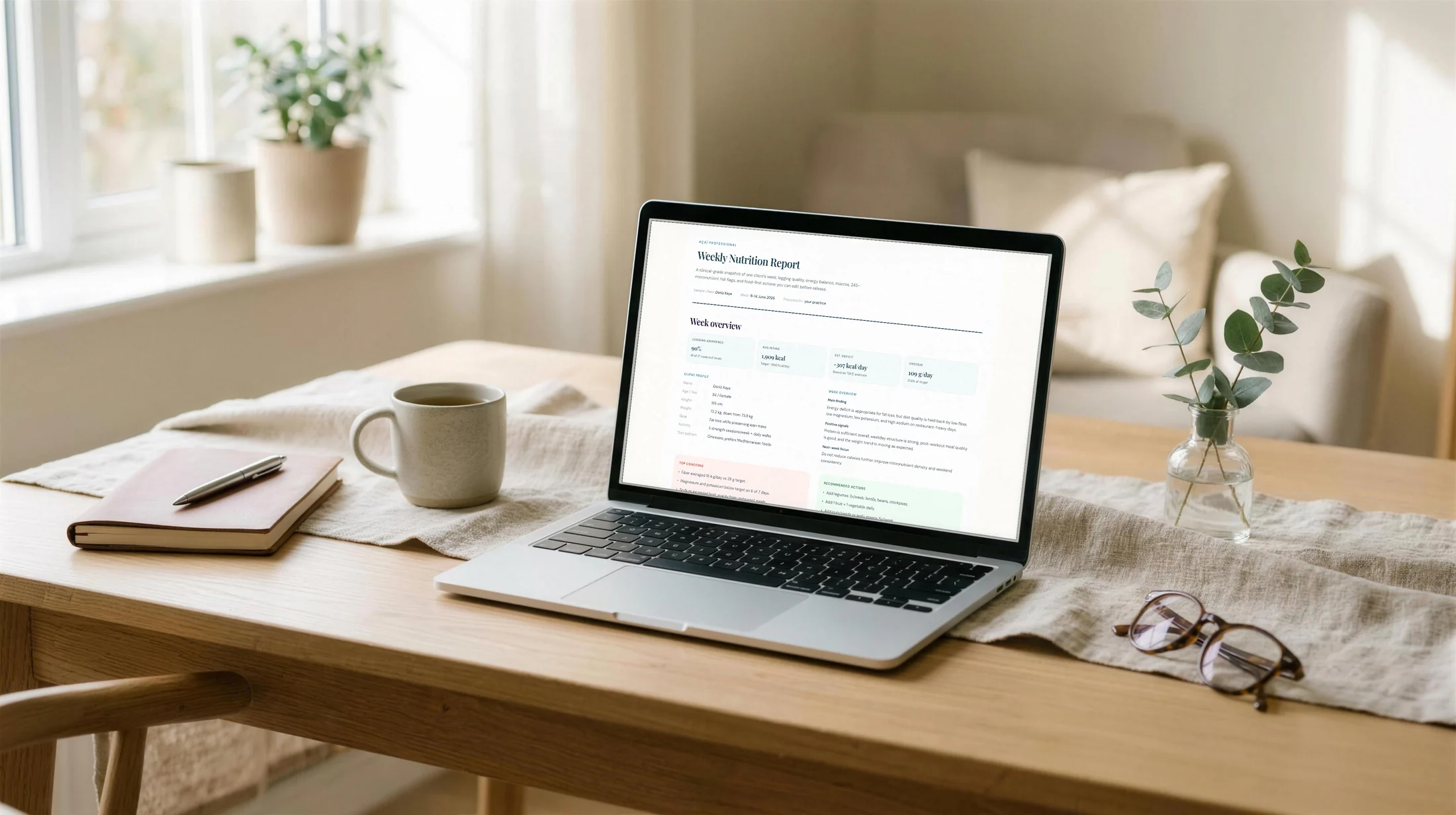 A client's weekly nutrition report open on a laptop on a dietitian's desk