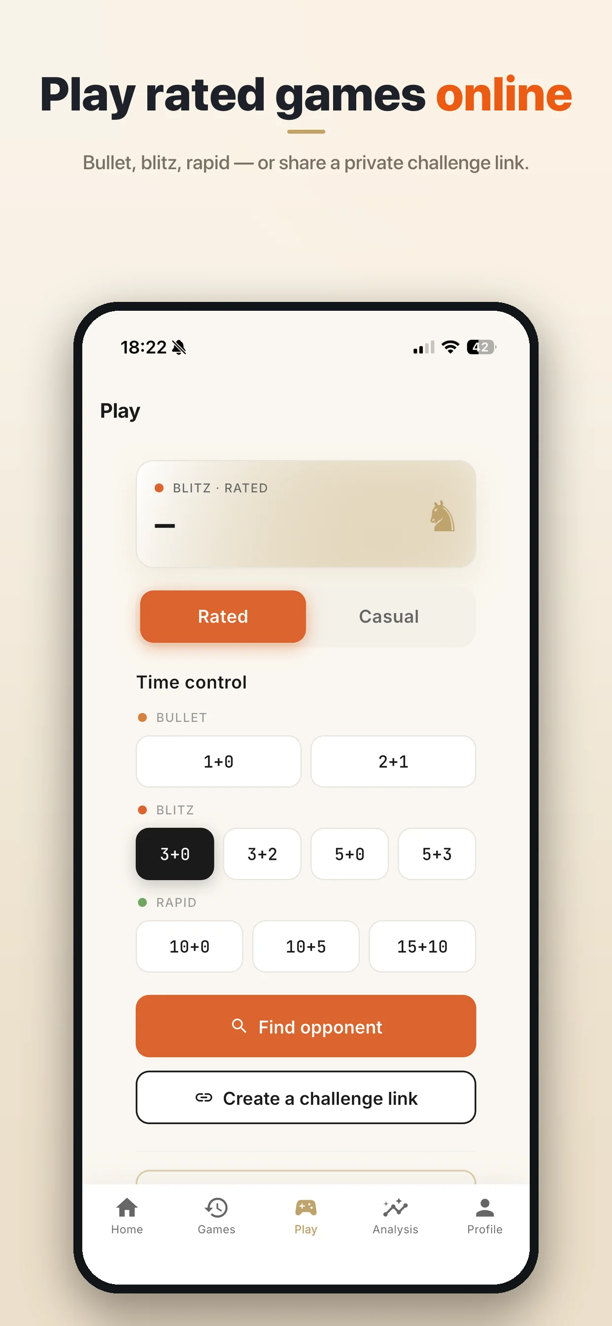 Play online: rated games, time controls, and challenge links